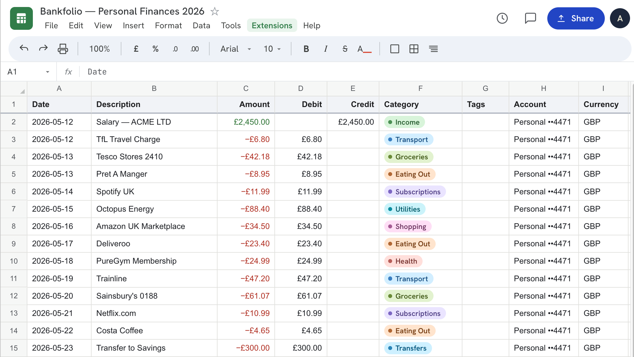 Bankfolio interface — transactions syncing into a spreadsheet